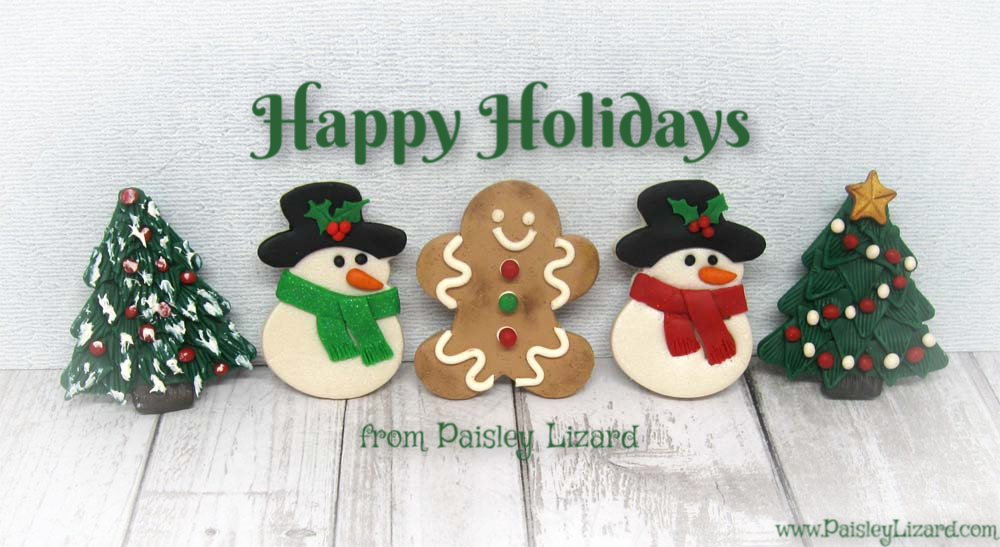 Five whimsical winter themed brooches with holiday greeting