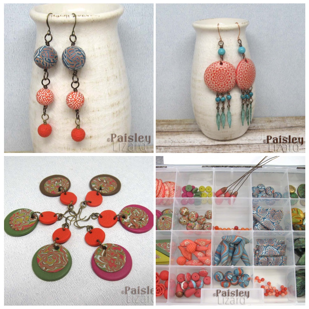 Polymer clay earrings and beads featuring Pantone's Living Coral 