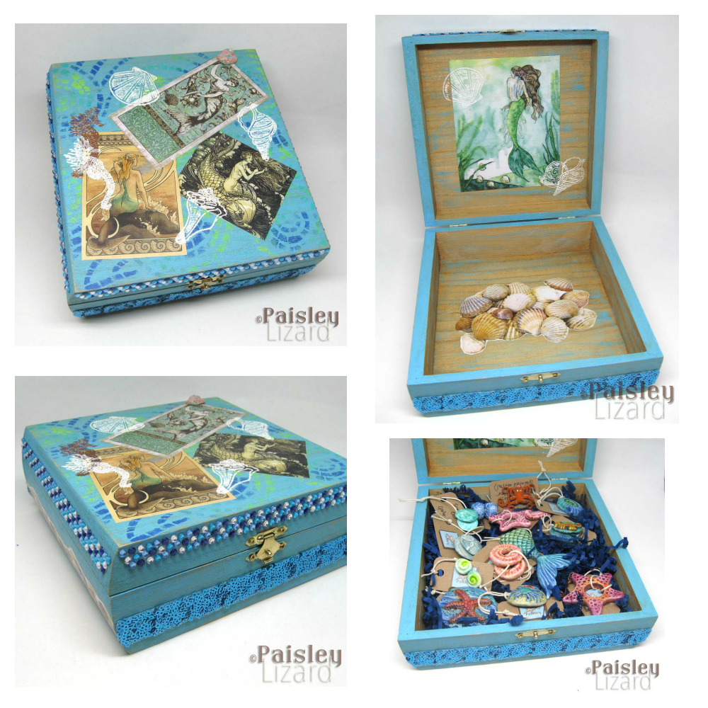 Mermaid themed mixed-media box with polymer clay beads and focals.