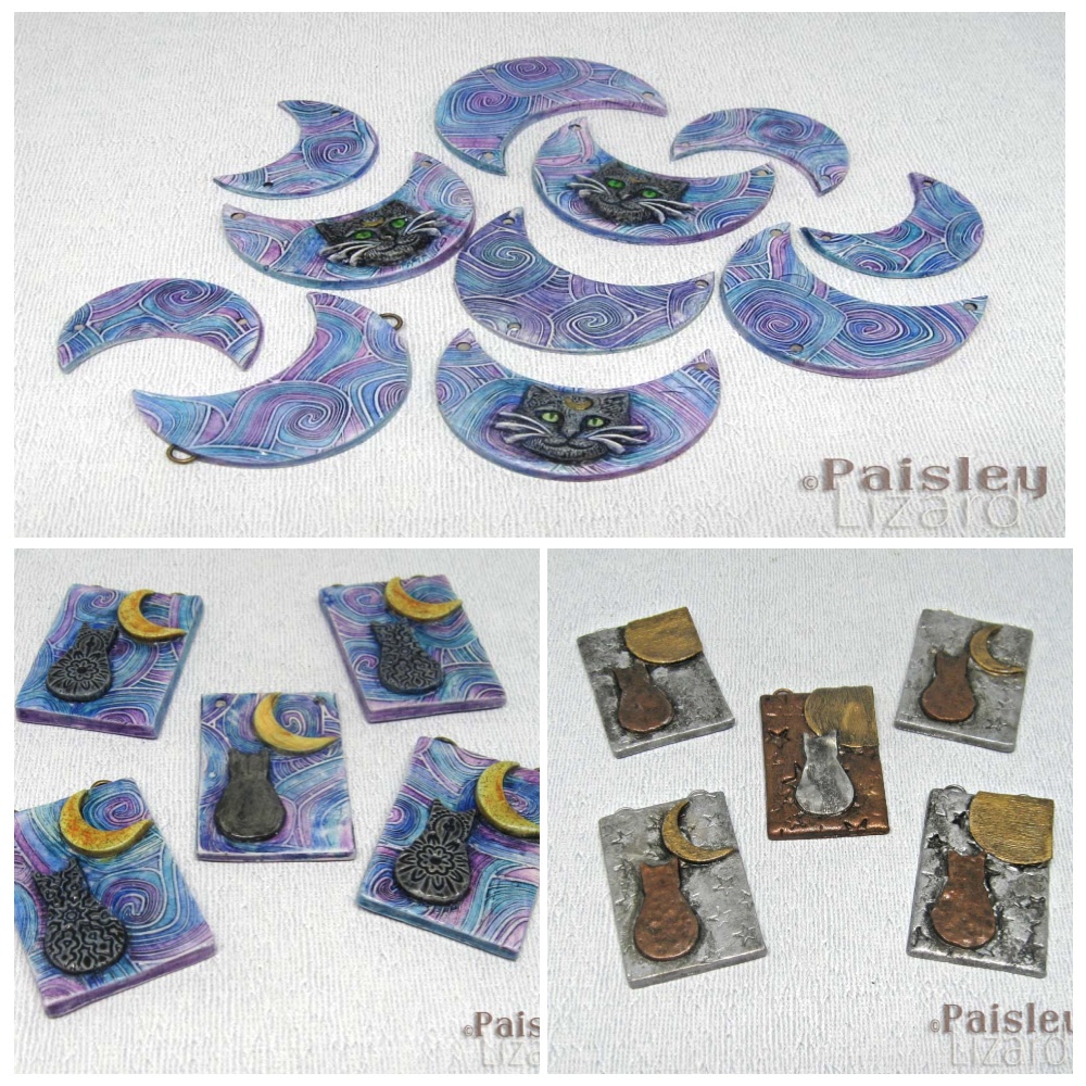 Assorted polymer clay beads with moon and black cat motifs