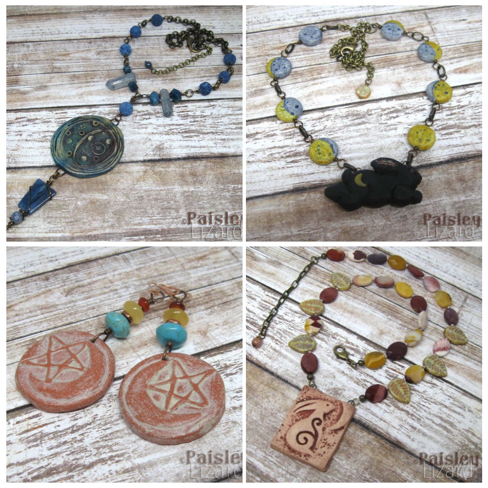 Collage with three necklaces and one pair earrings