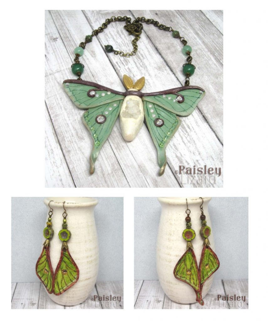 Luna moth necklace and moth wing earrings