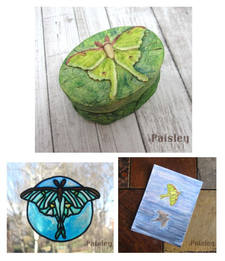 Luna moth trinket box, window cling, and painting