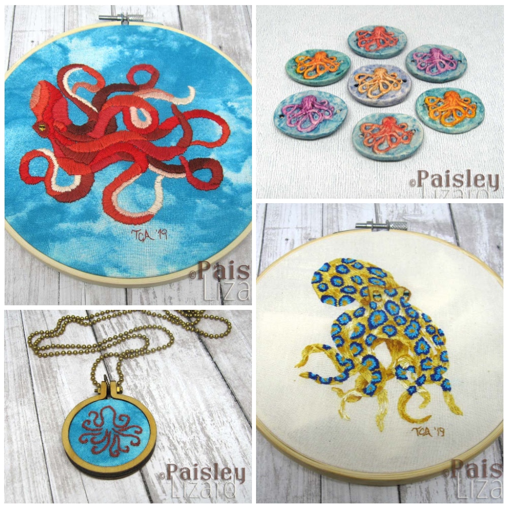 photo collage with octopus embroidery projects and beads