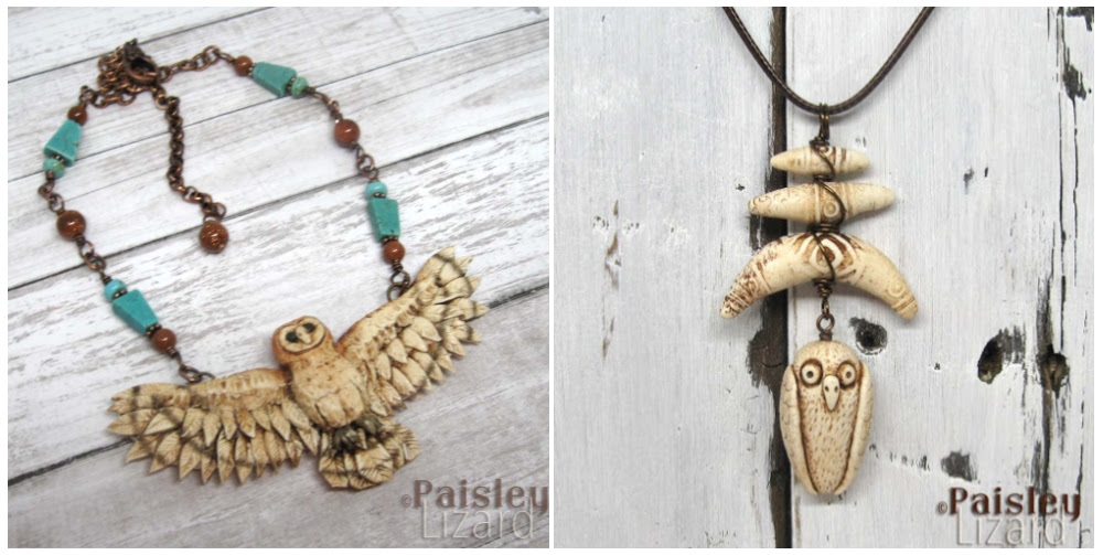 Polymer clay barn owl and faux ivory owl totem necklaces