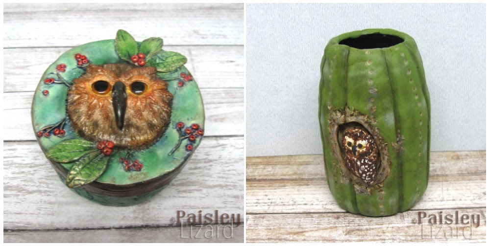 Horned owl trinket box and pygmy owl in cactus sculpture