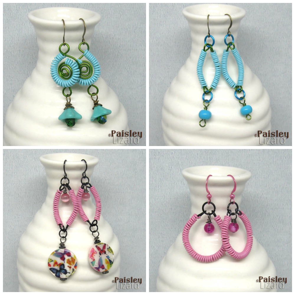 Four pair of earrings using coiled plastic-coated wire components.