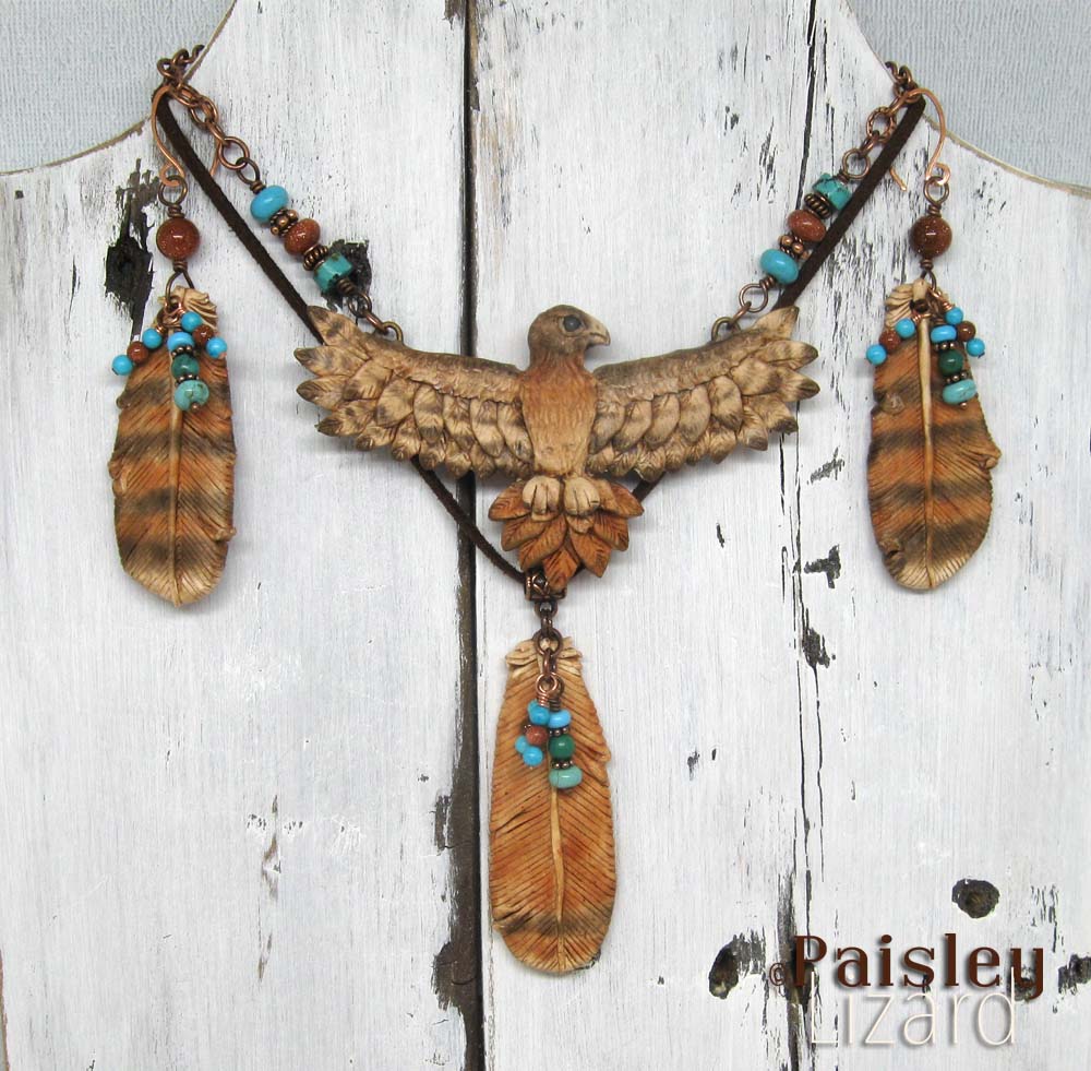 Red tailed hawk necklaces and earrings sculpted in polymer clay