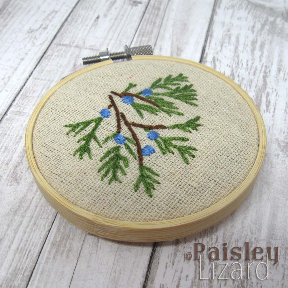 Juniper branch embroidery hoop ornament