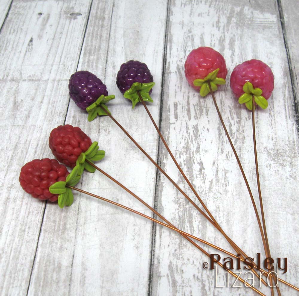Polymer clay raspberry and blackberry headpins
