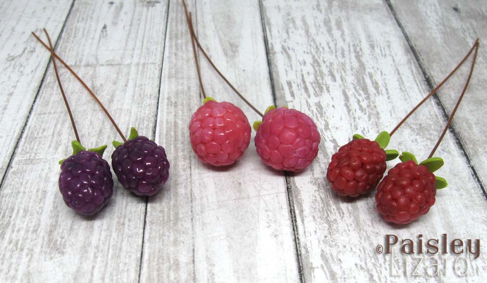 polymer clay raspberry and blackberry headpins