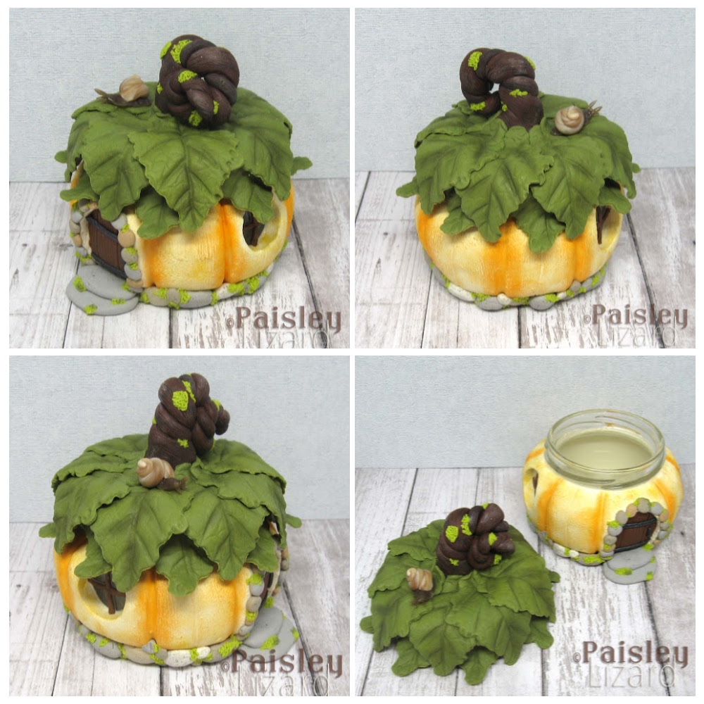 Collage showing side, back and top views of polymer clay pumpkin fairy house jars