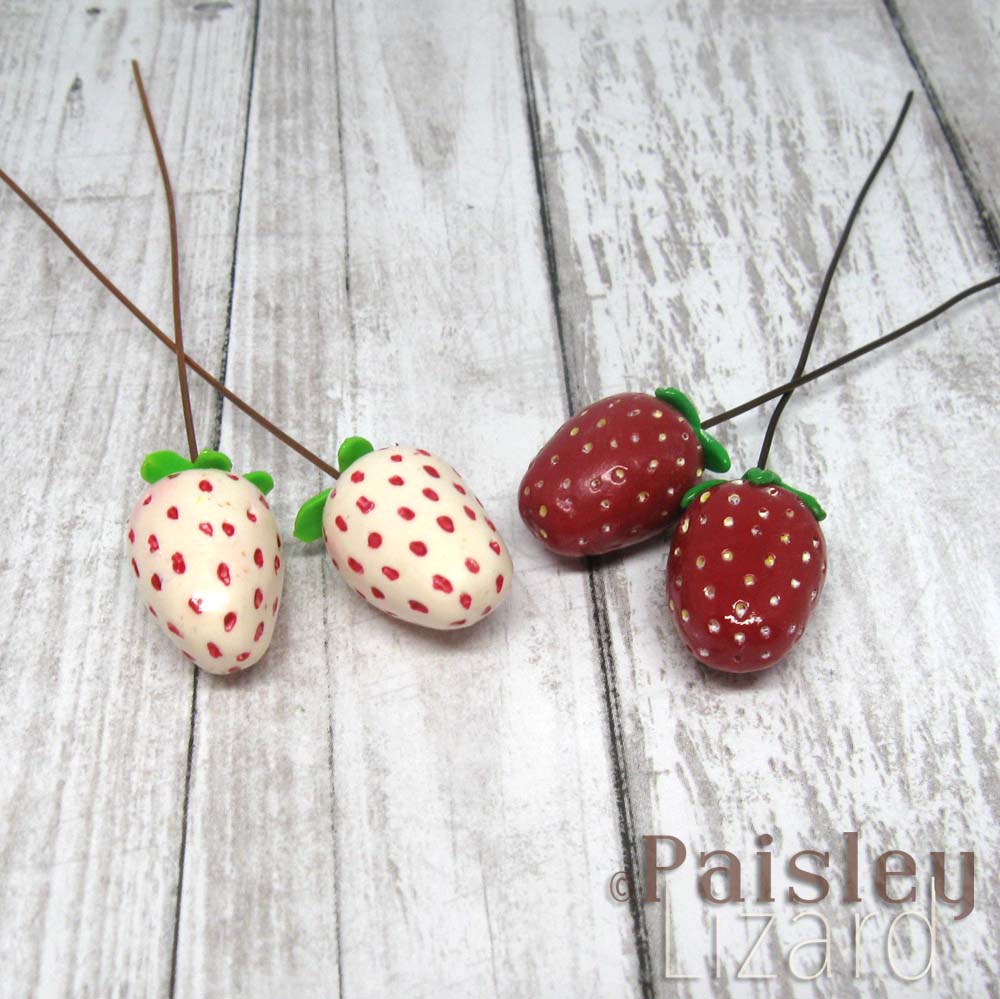 Polymer clay strawberry and pineberry headpins