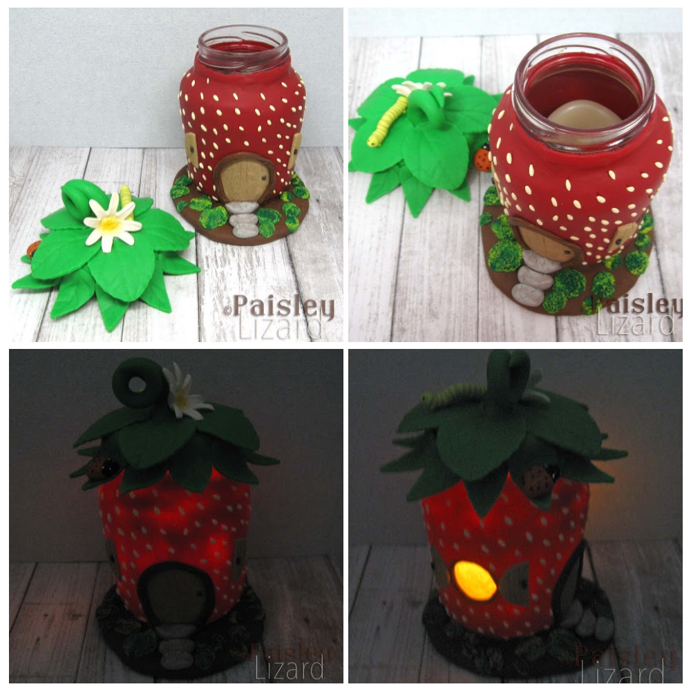 Collage showing fairy house jar with LED candle