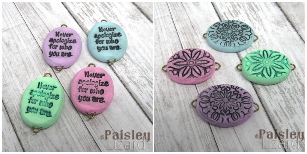 polymer clay connector beads with stamped words