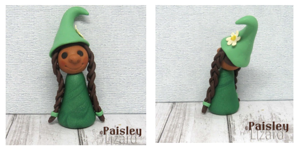 Polymer clay gnome figurine front and back views
