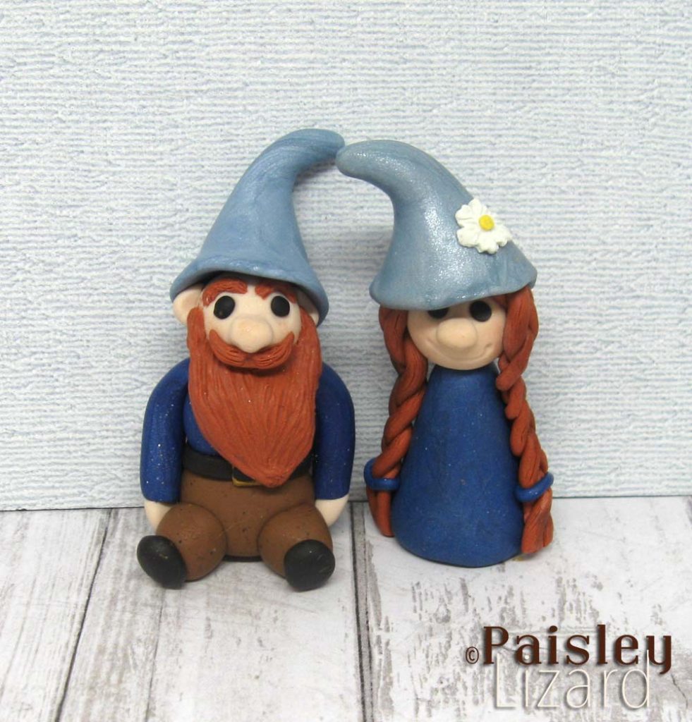 Ginger gnome couple figurines in polymer clay.