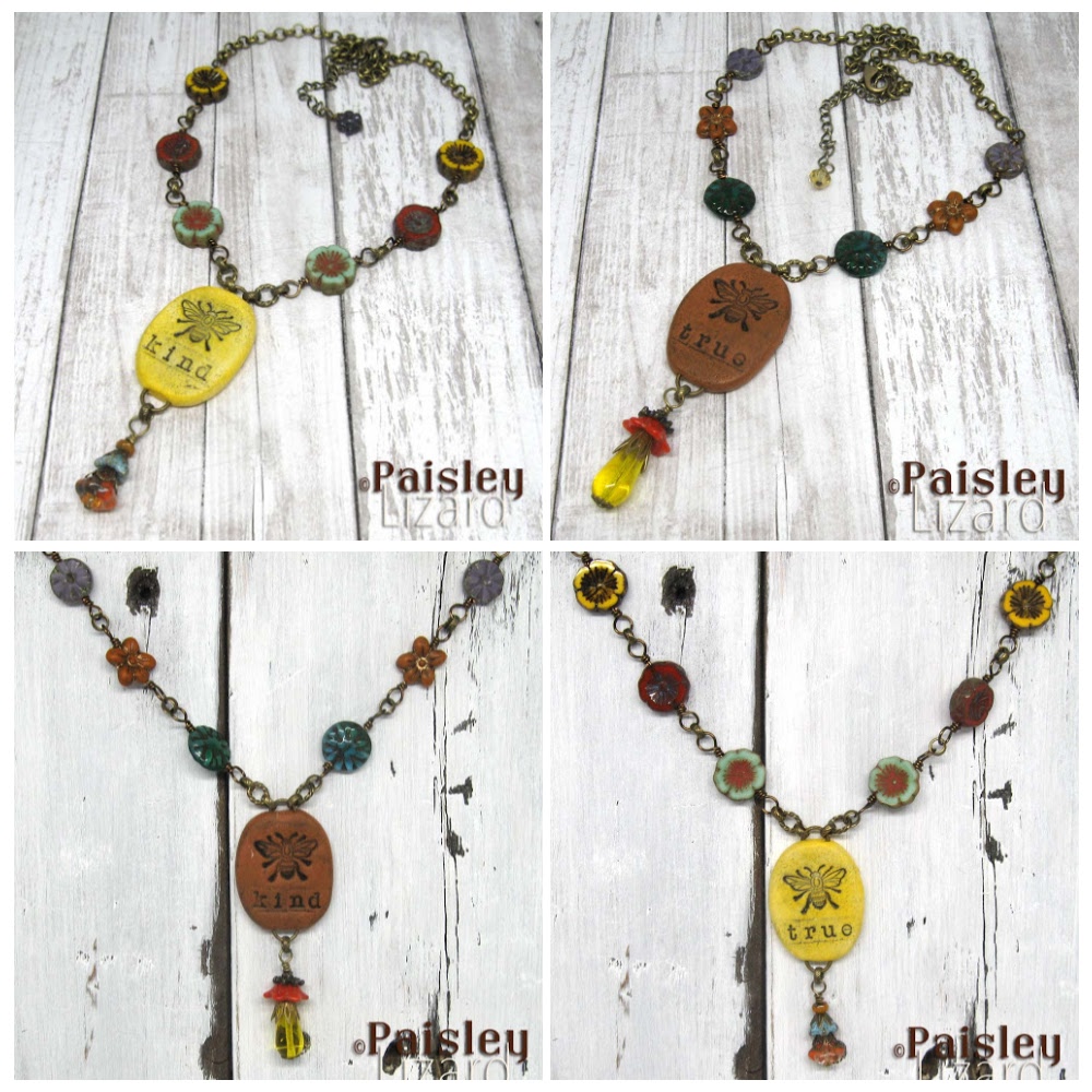 Collage with four boho necklaces featuring bee pendants