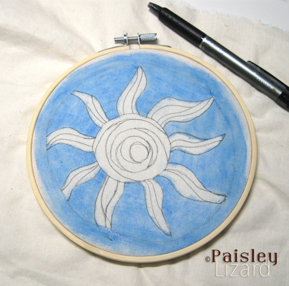 Embroidery hoop with solstice sun pattern on painted fabric