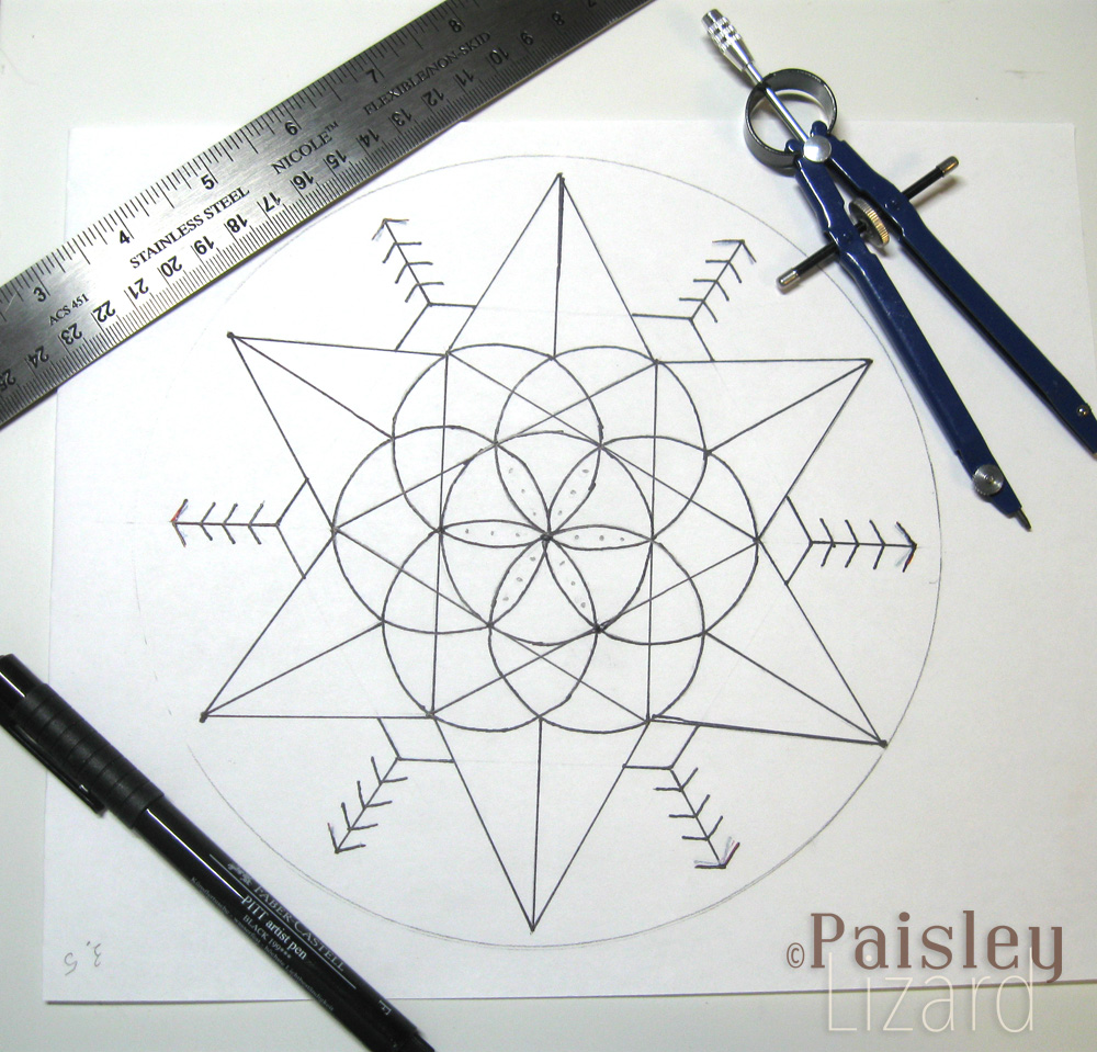 Line drawing of sacred geometry patterns using compass and ruler.