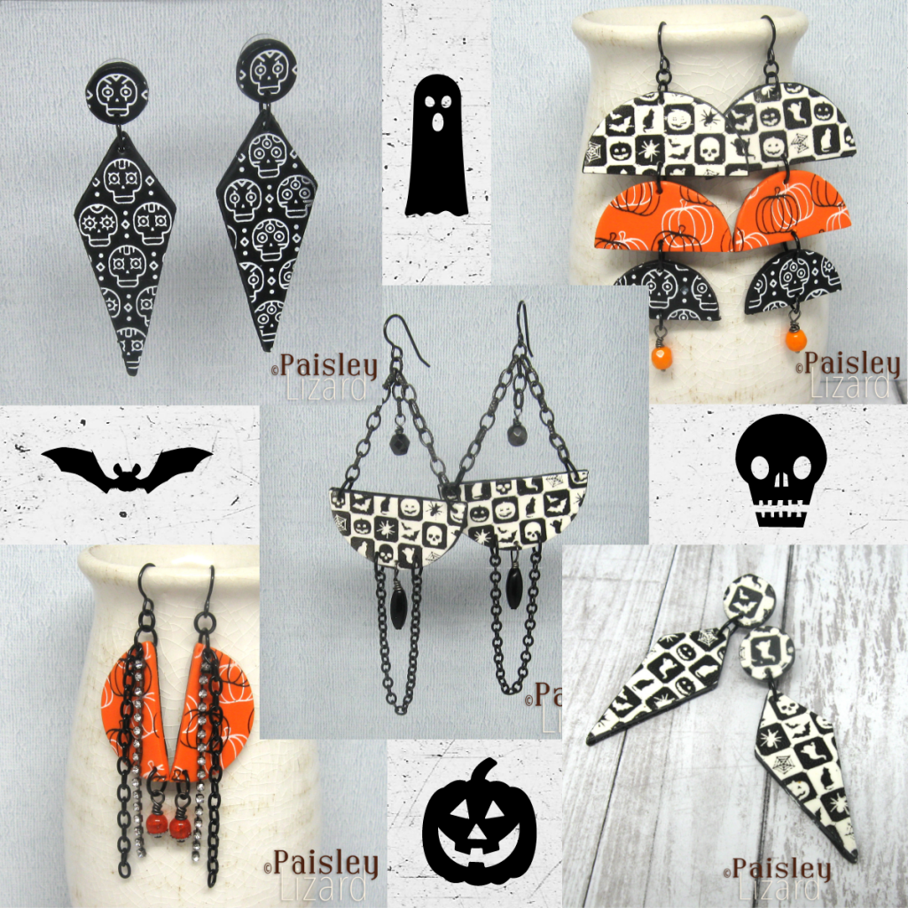 Photo collage with five pair of Halloween-themed dangle earrings.