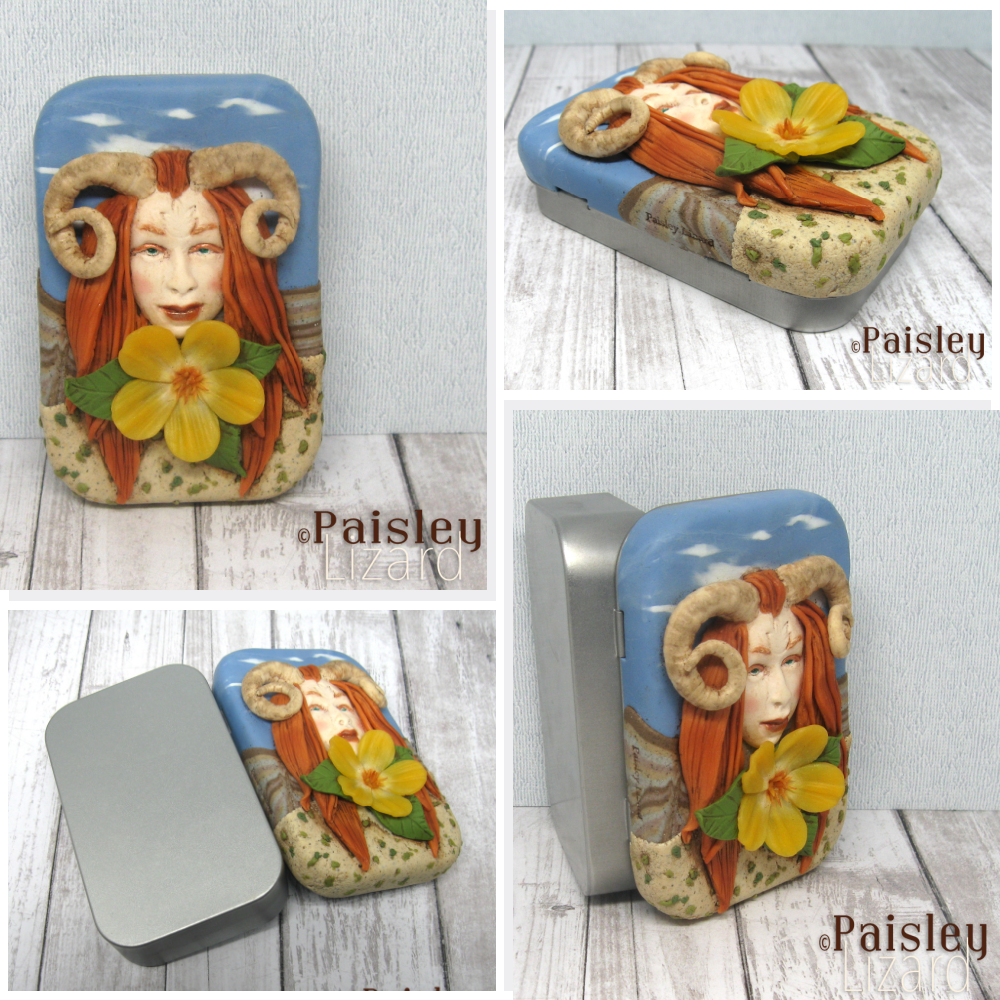 Photo collage showing four views of stash tin with desert flower nymph on cover.