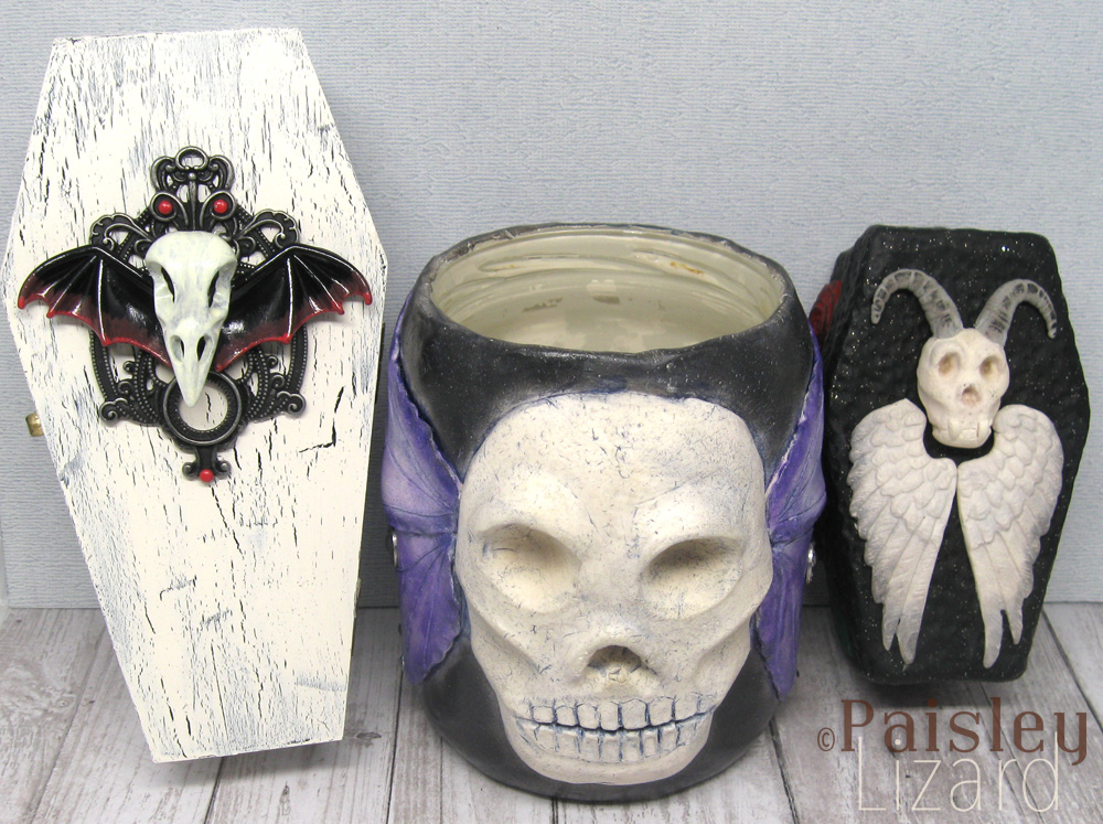 Gothic skull planter and coffin boxes