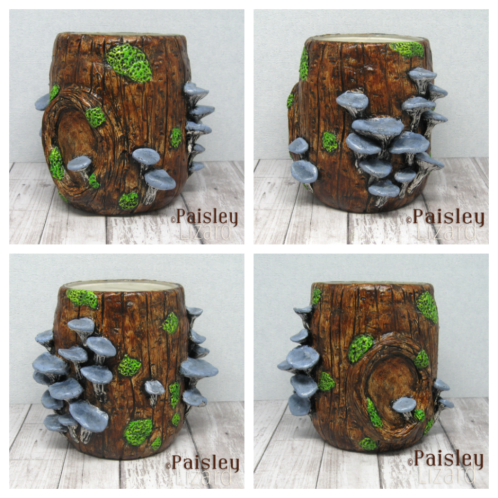 Collage with four views of a tree trunk covered with blue oyster mushrooms, sculpted in paperclay over a glass jar.