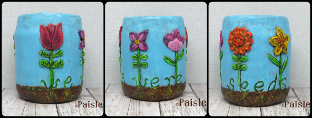Photo collage with three views of colorful folk art flowers sculpted in paperclay around a glass jar
