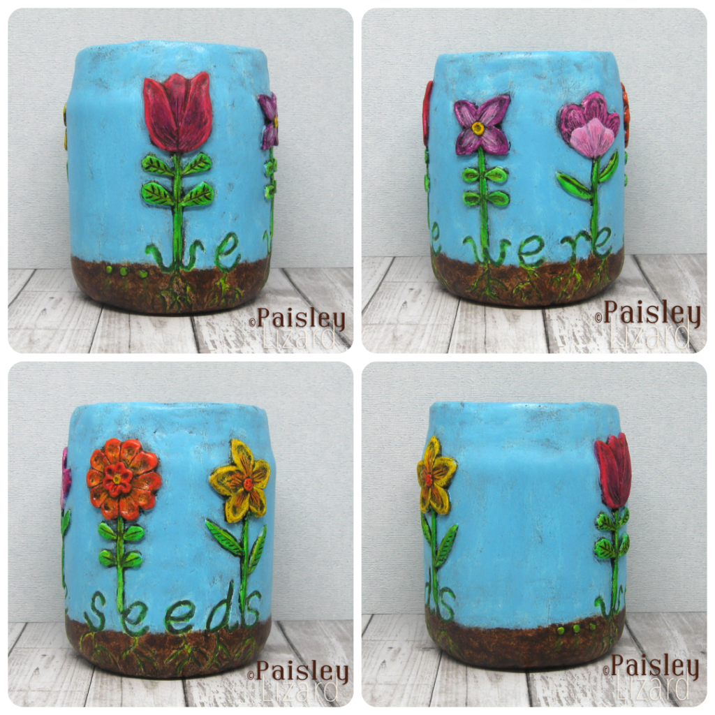 Collage showing four views of colorful folk art flowers sculpted in paperclay around a glass jar.