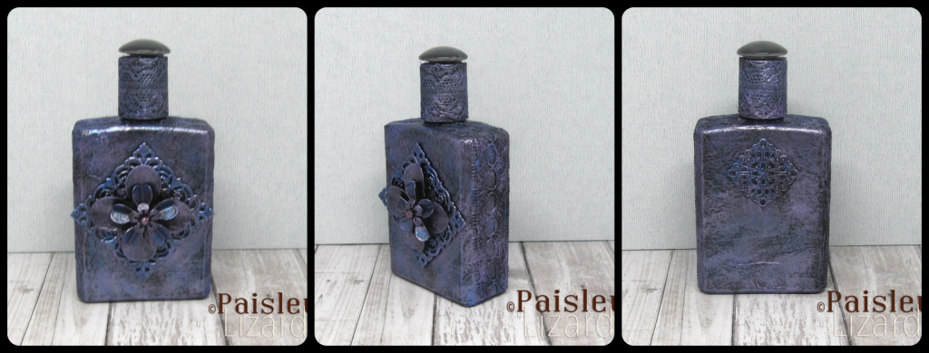 Collage showing front, side, and back views of altered bottle with metallic purple finish and floral filigree.