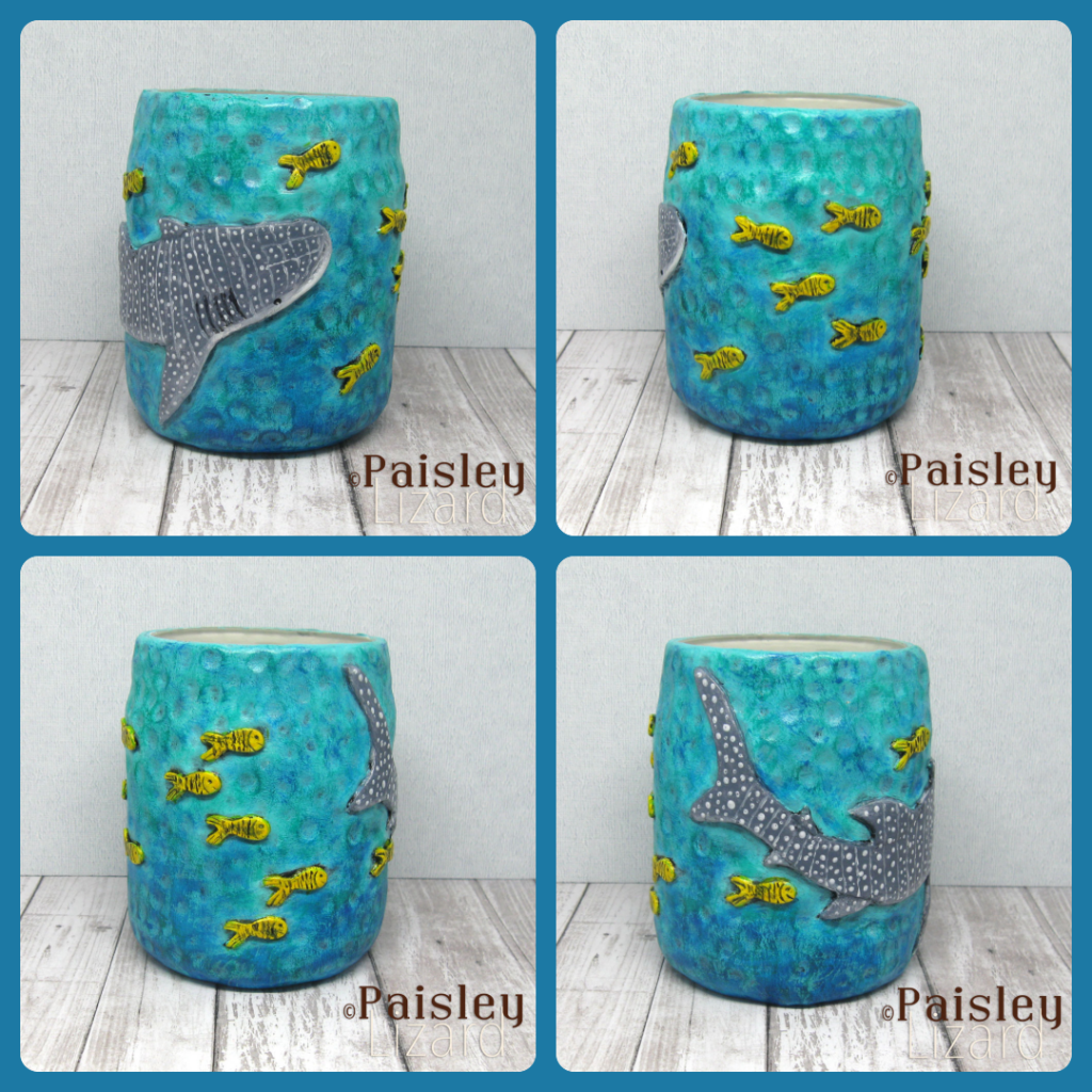 Photo collage showing front, side, and back views of whale shark upcycled jar.