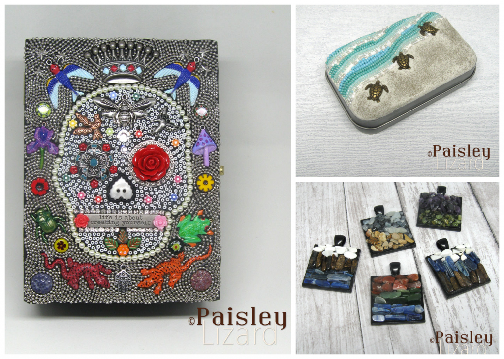 Collage showing epoxy clay micro-mosaic boxes and pendants.