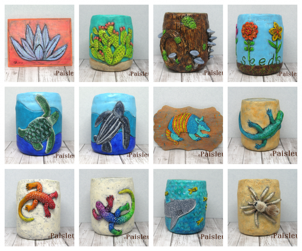 A 3 by 3 photo collage with photos of paper clay sculpted jars and plaques in various themes from cactus and lizards to mushrooms and turtles.